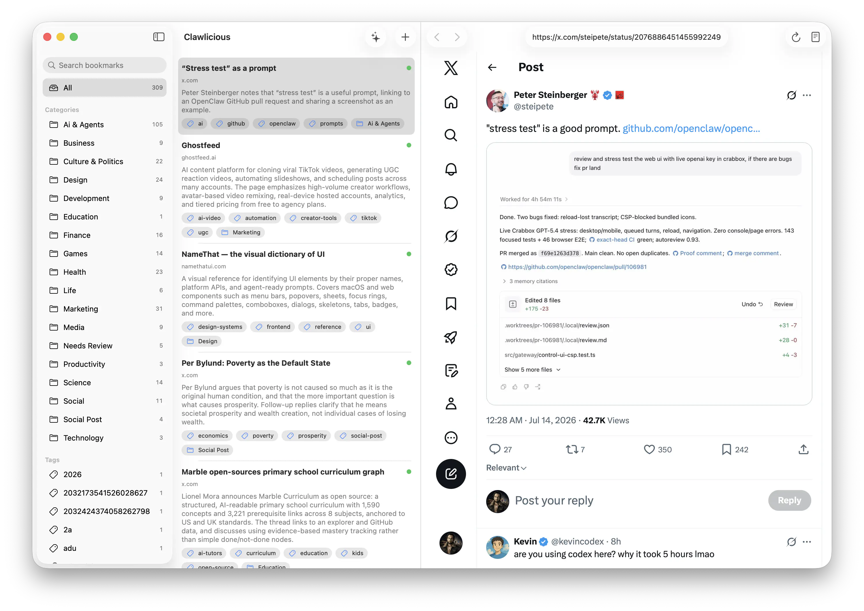 Clawlicious showing a searchable bookmark library beside the original saved page