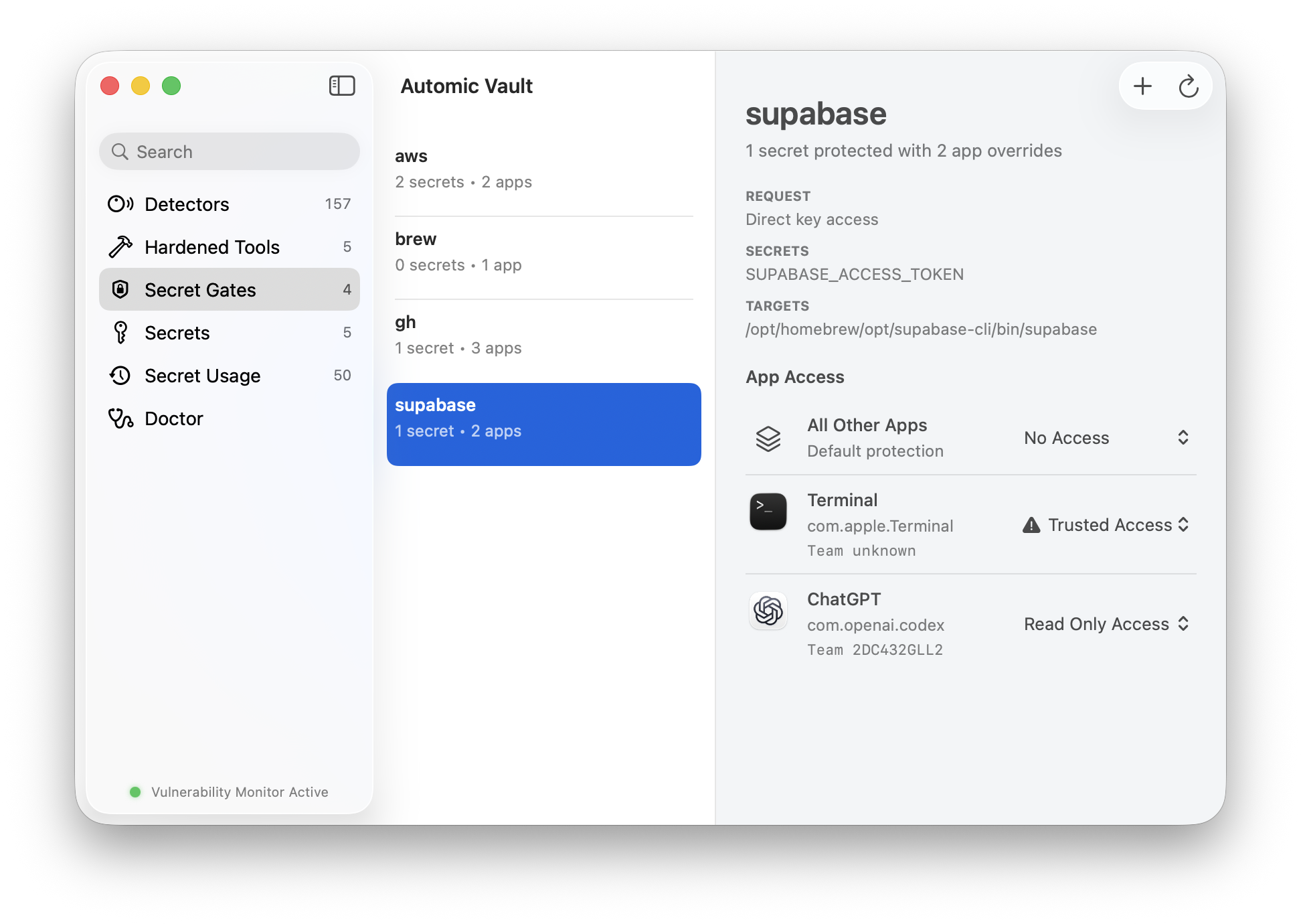 Automic Vault showing different access levels for Terminal, ChatGPT, and all other apps