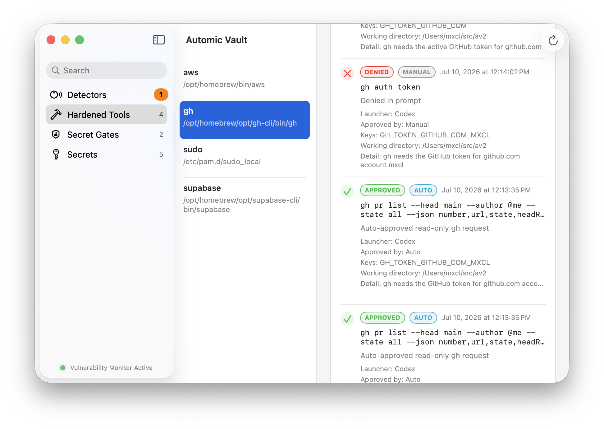 Automic Vault secret request history with denied and approved GitHub CLI requests
