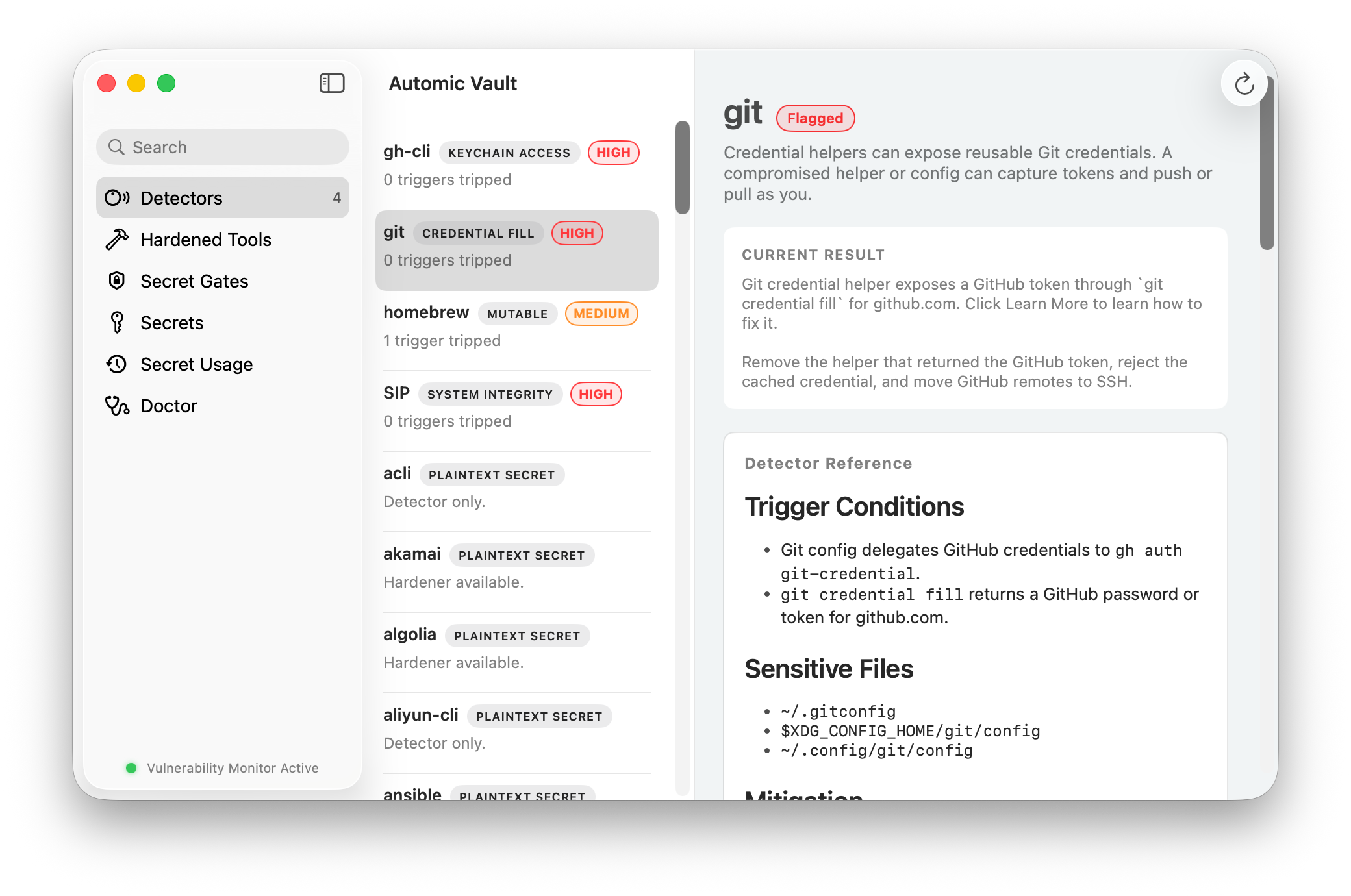 Automic Vault flagging a Git credential helper and showing its trigger conditions and mitigation