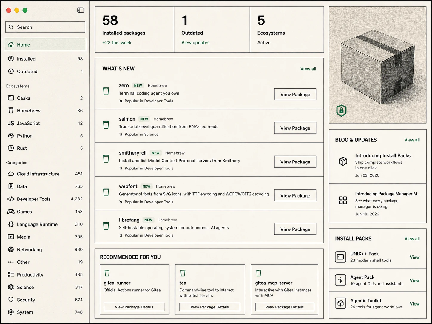 Package Manager Manager showing installed packages and ecosystems in a Swiss editorial interface
