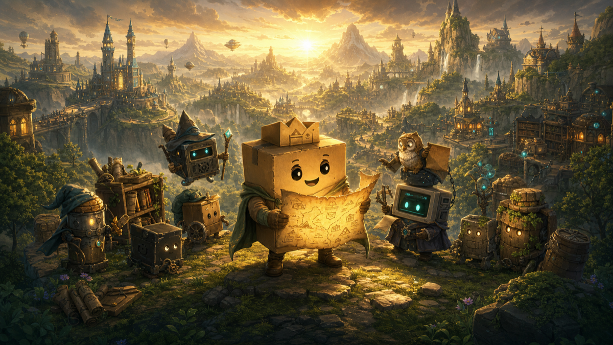 A cardboard package explorer reading a map with a group of tool-carrying companions