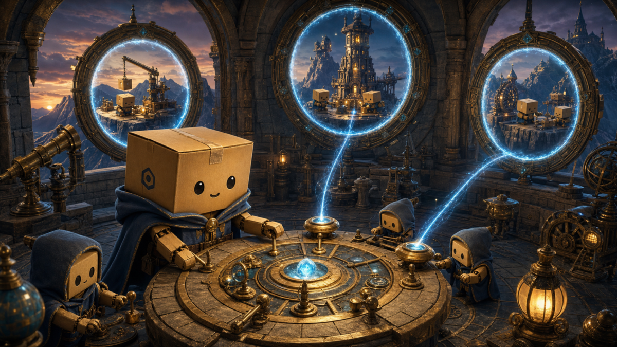 A cardboard package operator connected to three remote fantasy workshops
