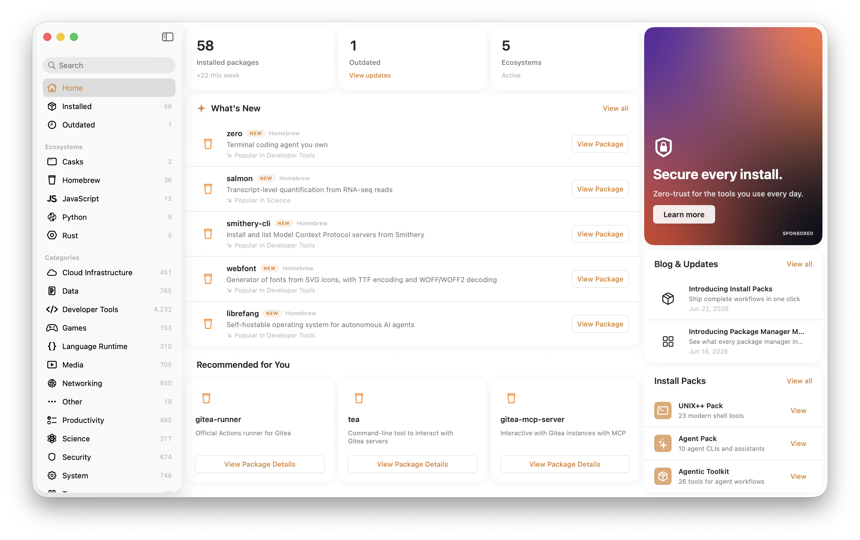 Package Manager Manager home screen showing installed packages, ecosystems, recommendations, and install packs