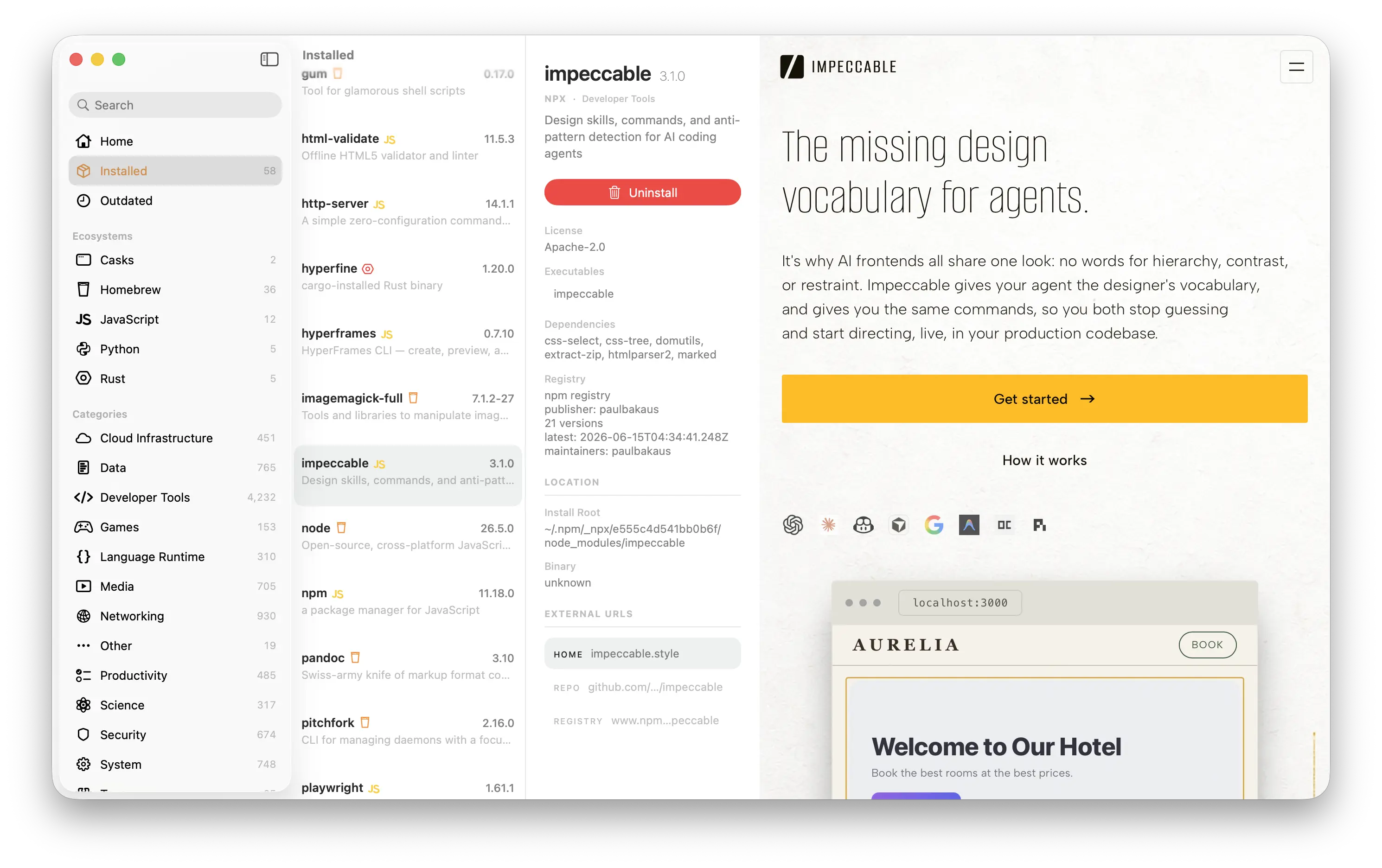 Package Manager Manager package detail screen for rustup beside the rustup project website