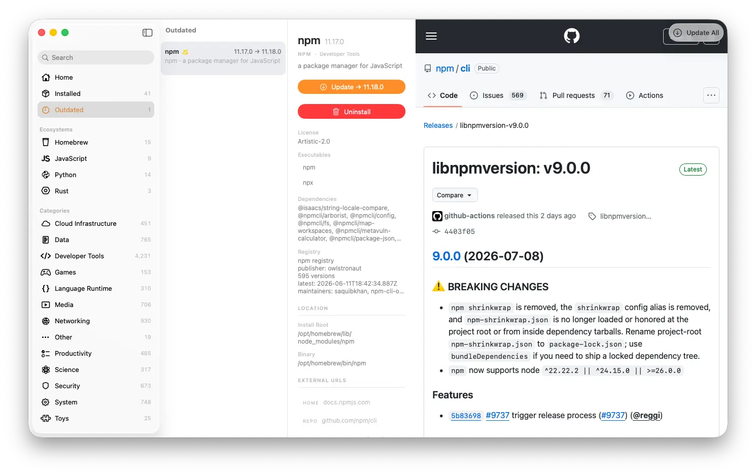 Package Manager Manager showing npm release notes beside its available update
